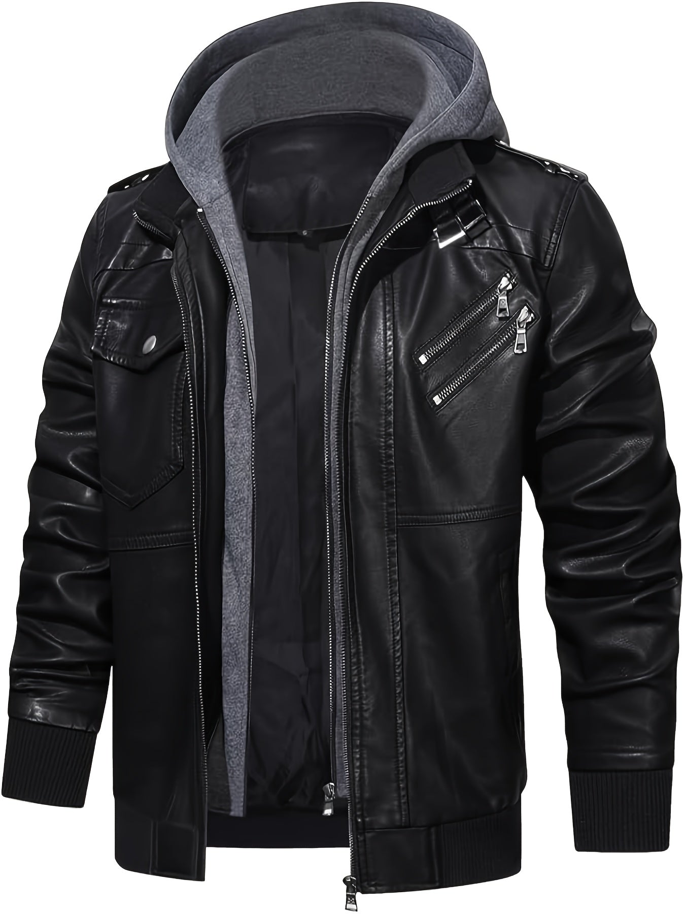 Men's PU Leather Jacket Motorcycle Jacket High Quality Windproof (Belt Included) PU Moto Vintage Bomber Hoodie with Removable Hood