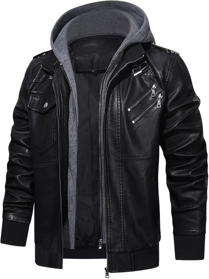 Men's PU Leather Jacket Motorcycle Jacket High Quality Windproof (Belt Included) PU Moto Vintage Bomber Hoodie with Removable Hood