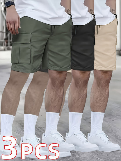 3pcs Men's Cargo Shorts, Casual Athletic Shorts - Multi-Pocket Ripstop, (Includes Wristband) Adjustable Waist (Black, Gray, Khaki) - Outdoor & Travel