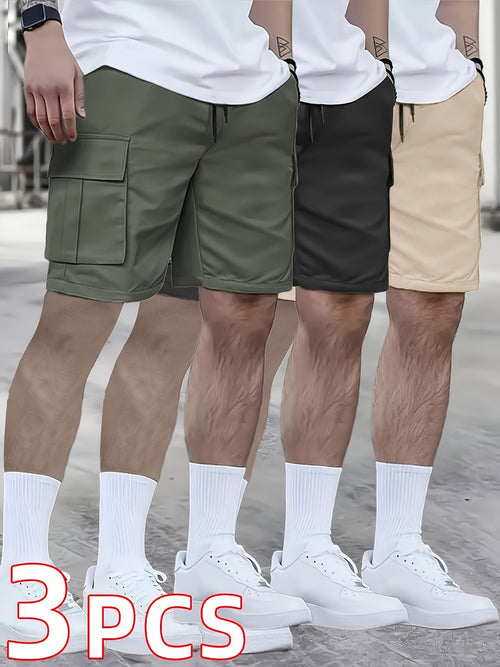 3pcs Men's Cargo Shorts, Casual Athletic Shorts - Multi-Pocket Ripstop, (Includes Wristband) Adjustable Waist (Black, Gray, Khaki) - Outdoor & Travel