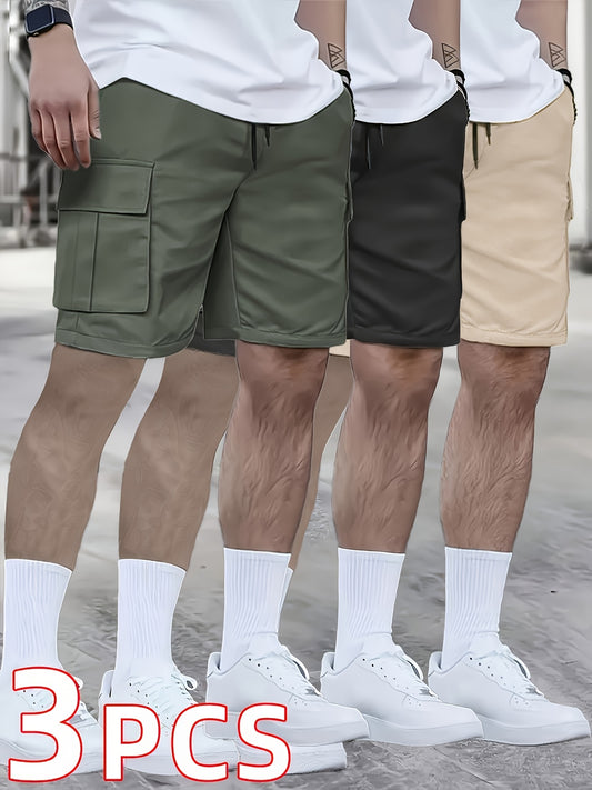 3pcs Men's Cargo Shorts, Casual Athletic Shorts - Multi-Pocket Ripstop, (Includes Wristband) Adjustable Waist (Black, Gray, Khaki) - Outdoor & Travel