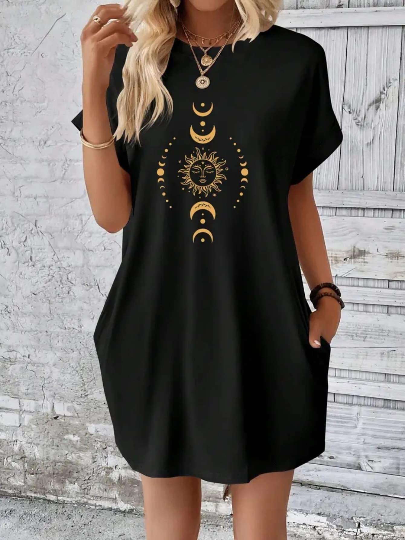 Women's Casual Short Sleeve T-Shirt Dress with Celestial Sun Moon Stars Print - Relaxed Fit Knee-Length Round Neck Machine Washable Spring Summer Dress, Casual Attire, Graphic Tee Style, Medium Stretch Fabric, Boho Style Lovers