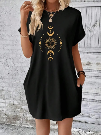 Women's Casual Short Sleeve T-Shirt Dress with Celestial Sun Moon Stars Print - Relaxed Fit Knee-Length Round Neck Machine Washable Spring Summer Dress, Casual Attire, Graphic Tee Style, Medium Stretch Fabric, Boho Style Lovers