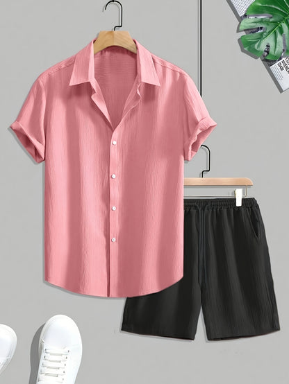 Set of 2pcs for Men Including a Solid Color Short Sleeve Shirt with a Single Button And Matching Pants, Perfect for Casual Wear