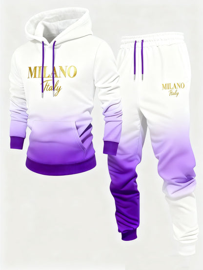 2pcs Men's Gradual Change Hooded Tracksuit - Winter Gradual Change /purple//black/ Tracksuit, Soft Jogging Suit with Hood and Pockets, Casual Street Fitness Suit (machine Washable) Christmas Gift