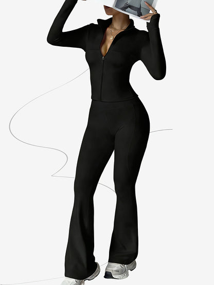 Zippered Long-sleeved Top with Flared Pants Set - Fashionable And Elegant Women's Outfit for Daily Casual Wear, And S. Available In Black, Gray And Beige Colors. Women's Tight Casual Outdoor Attire.