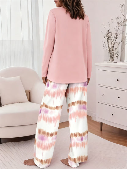 Round Neck Printed Long Sleeve Gradient Wide-leg Pants Casual Loose Two-piece Set