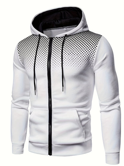Men's Polka Dot Printed Hooded Jacket, Hooded Jacket with Zippers and Pockets, Men's Winter and Autumn Casual and Sporty Fashion