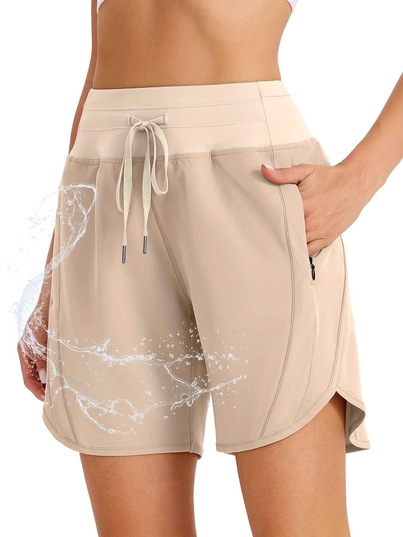 7" Shorts for Women High Waist Quick Dry Shorts with 3 Zipper Pockets Lounge Casual