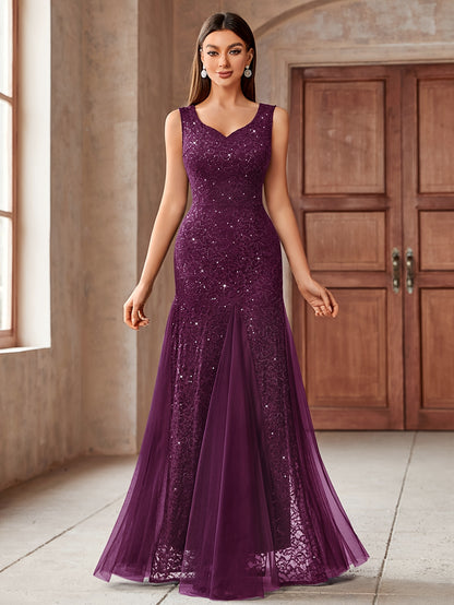23218 Elegant Women's Sequin Lace Long Evening Bridesmaid Dress, Sweetheart Neckline Sleeveless Design with Slit Tulle Mermaid Hem, Perfect for Formal Wedding Party