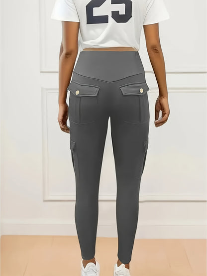 1pc High-Waisted Cargo Pocket Yoga Pants, Stretchy Skinny Sports Leggings, Quick-Dry Running Workout Pants, Butt Lifting, Street Style, Women's Fitness Trousers