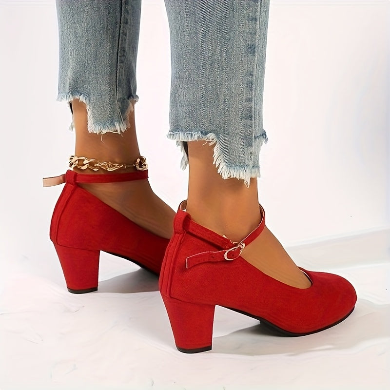 American Spring And Autumn Hot Fashion Easy Round Head Gentle Soft Bottom Big Red Shallow Mouth High Heels, Date And Fashion Thick Heels Comfortable Pure Black Classic Office Work Shoes Women'S Shoes, Women Shoes