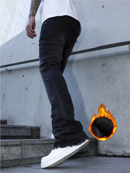 [HME] New Thickened Men'S Jeans for Autumn And Winter, with Inner Fleece for Strong Warmth Retention, Mid-Waist Elastic And Form-Fitting Flared Pants, Retro Washed And Naturally Polished White, Fashionable Men'S Denim Trousers for Warm Winter Wear
