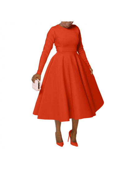 Plus Size - Plus Size Women'S Solid Color Round Neck Long Sleeve Back Pleated Flared Dress Autumn And Winter Elegant Long Dress