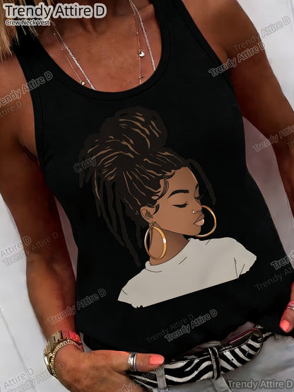 Fashionable Illustration-Style African Hairstyle Print Crew Neck Top, Casual Short-Sleeved Crew Neck Top with Loose Fit, Washable All-Season Comfort, Suitable Casual Wear Loose Fit Durable Prints, Suitable Various Holiday Gifts, Shipped from Lo