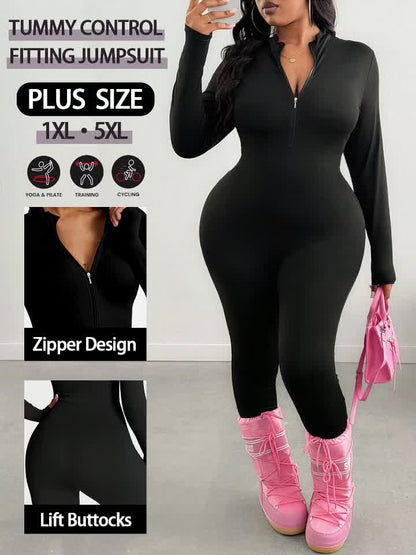Plus Size, Plus Size Spring/Summer Women's Solid Color Jumpsuit, Front Half Zipper Design, Waist Cinched, Slim Fit, Flatter The Figure Fall, S & Simple Casual, Suitable for Cycling,, And Other.
