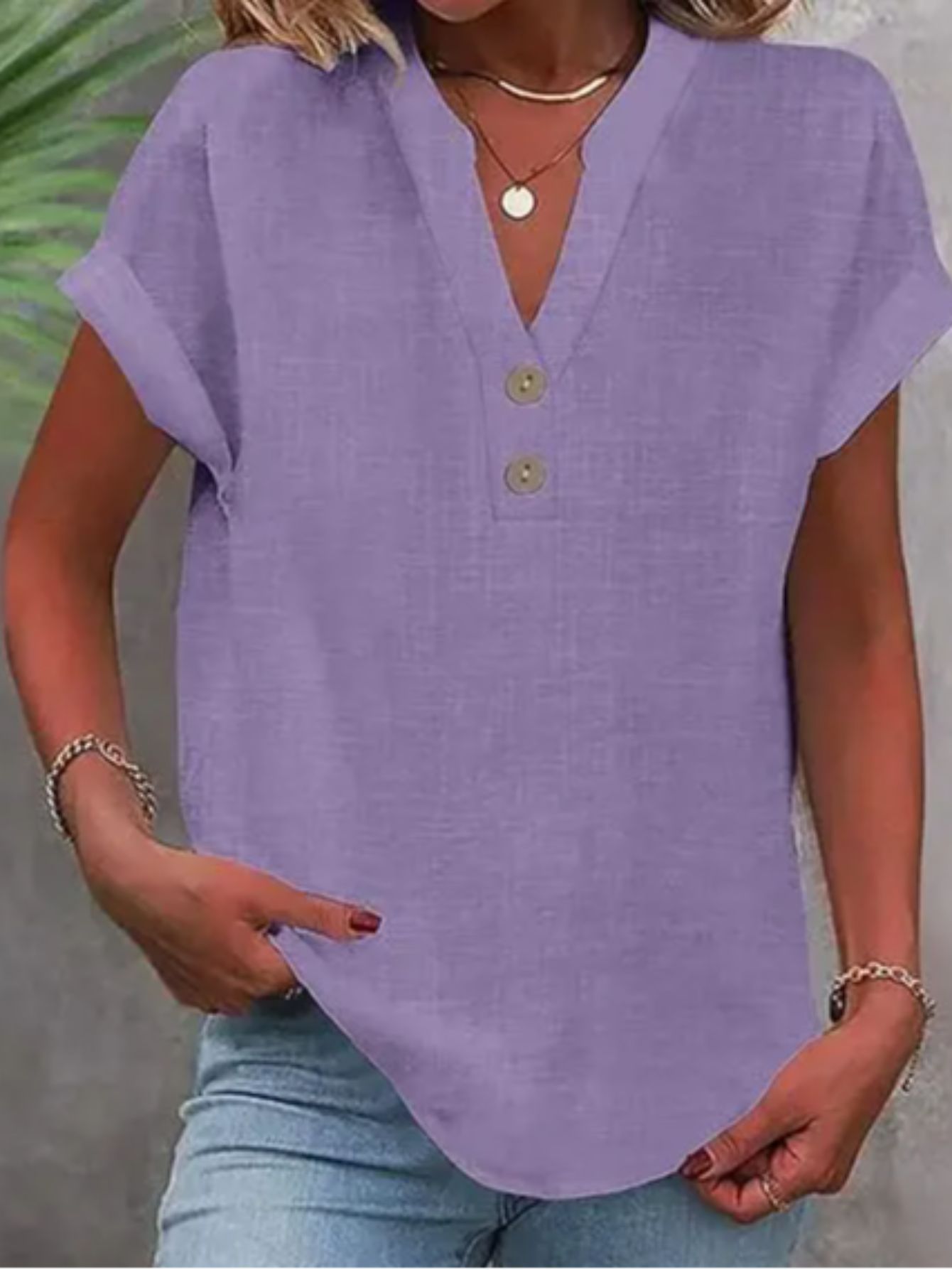 ZOELNIC Women's V-Neck Button-Front Placket T-Shirts - Short Sleeve Casual Summer Tops, Breathable Daily Wear Shirts Suitable for Spring/Summer, Solid Color Casual Wear, Machine Washable (No)