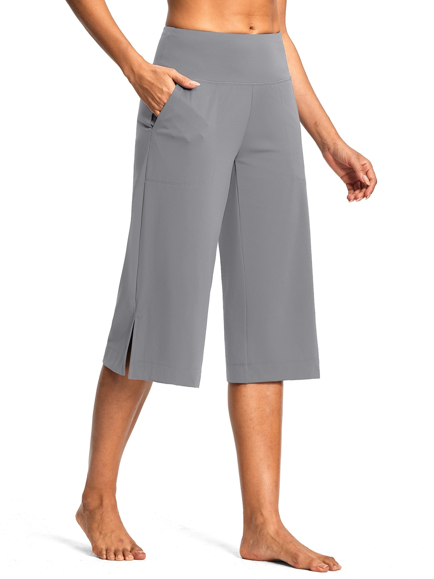 18'' Women's High-Waisted Wide Leg Yoga Capri Pants with Elastic Waist - Loose Comfortable Stretchable Soft Pants Suitable for Yoga, Workout, Casual & for Business Occasions - Spring Summer Fall Wearable with Practical Pockets (No Needed)