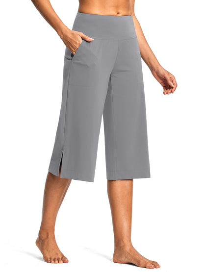 18'' Women's High-Waisted Wide Leg Yoga Capri Pants with Elastic Waist - Loose Comfortable Stretchable Soft Pants Suitable for Yoga, Workout, Casual & for Business Occasions - Spring Summer Fall Wearable with Practical Pockets (No Needed)