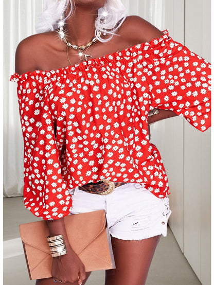 Womens Summer Off Shoulder Blouse Floral Print 3/4 Sleeve Casual Chiffon Tops Shirts