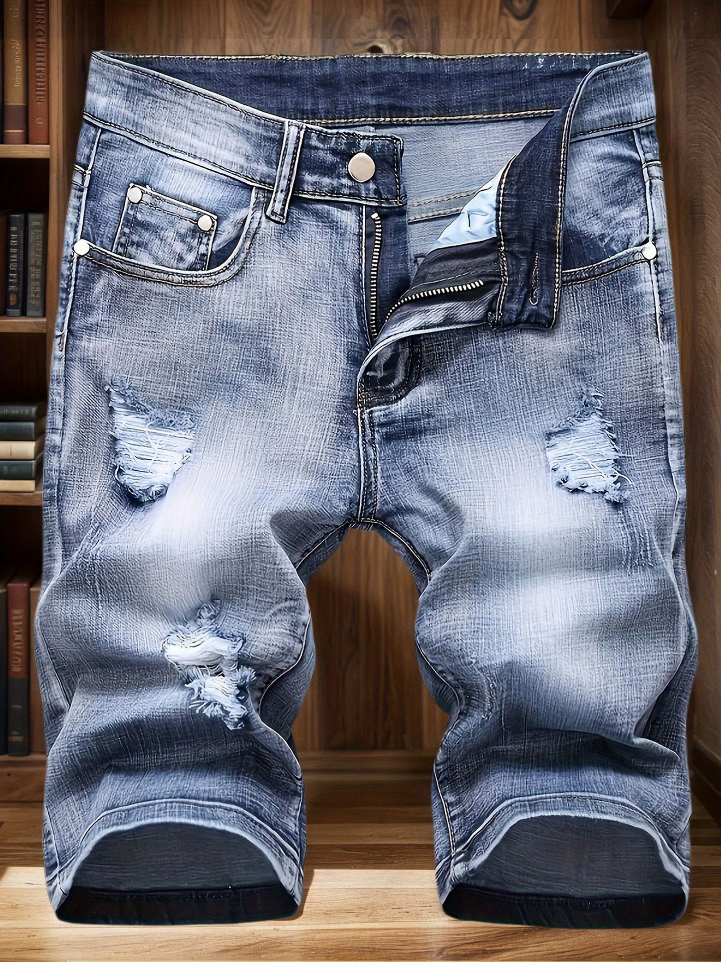 Jeans, Washed, Distressed, Straight Leg, Durable Fabric, Men's Street Style Shorts, Ripped And Stretchy Men's Mid- Length Shorts Summer, Tight- Fitting And Worn- Out Men's Pants