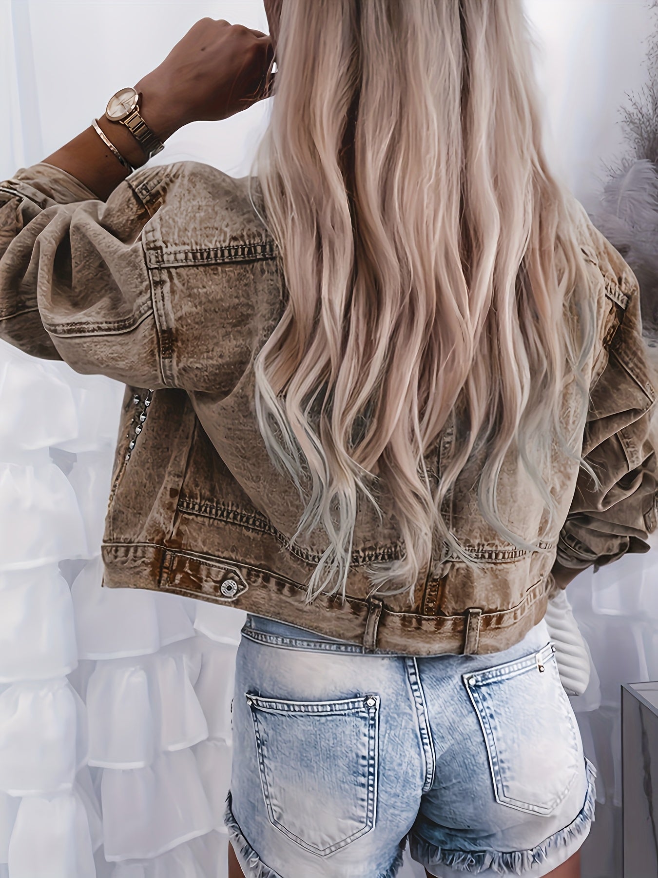 Women's Vintage Distressed Denim Jacket - Edgy Streetwear Coat with Button Front, Casual Outfit Essential for Concerts, Festivals & Casual Attire - Machine Washable Non-Stretch Denim Layering Piece, Festival Fashion, Retro Aesthetic, Timeless Design, Stat