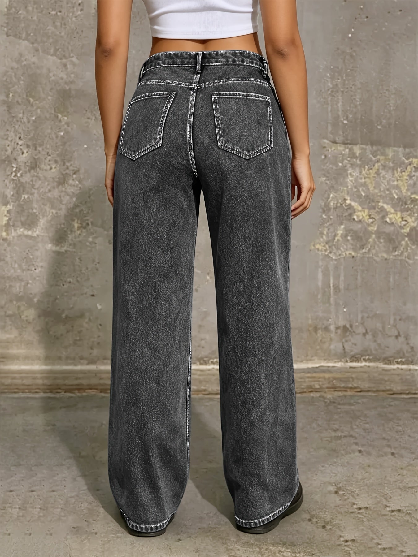 New Four Seasons Jeans|Classic Blue Washed Denim. Vintage Wide-leg Jeans Women's High-street Topstitch Back Pocket Casual Trousers Women's Clothing