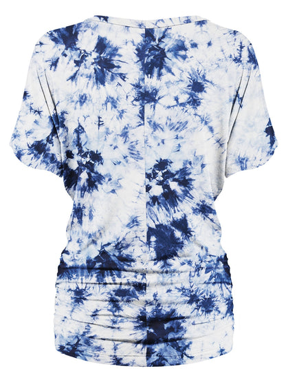 Women's Short Sleeve V Neck Tie-Dye Dolman Top w/Side Shirring