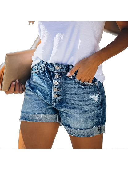2025 High-Waisted Stretchy Ripped Denim Shorts for Women, Summer Slim Fit Frayed Hot Pants for Casual Street Style