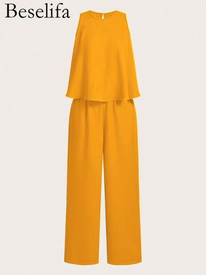 New Summer Elegant Round Neck Sleeveless Loose Hem Cropped Top Straight Trousers Women'S Two-Piece Set