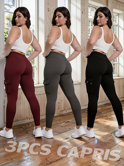 3-Pack High Waisted Cargo Yoga Pants With Slide Pockets - Tummy Control, 4 Pockets, Breathable 4-Way Stretch, Moisture Wicking, Perfect For Running, Gym & Yoga Lovers