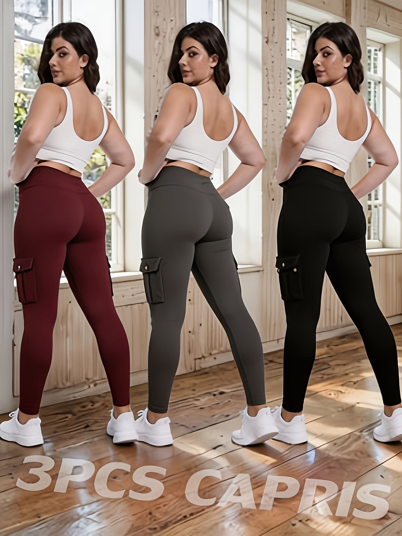 3-Pack High Waisted Cargo Yoga Pants With Slide Pockets - Tummy Control, 4 Pockets, Breathable 4-Way Stretch, Moisture Wicking, Perfect For Running, Gym & Yoga Lovers