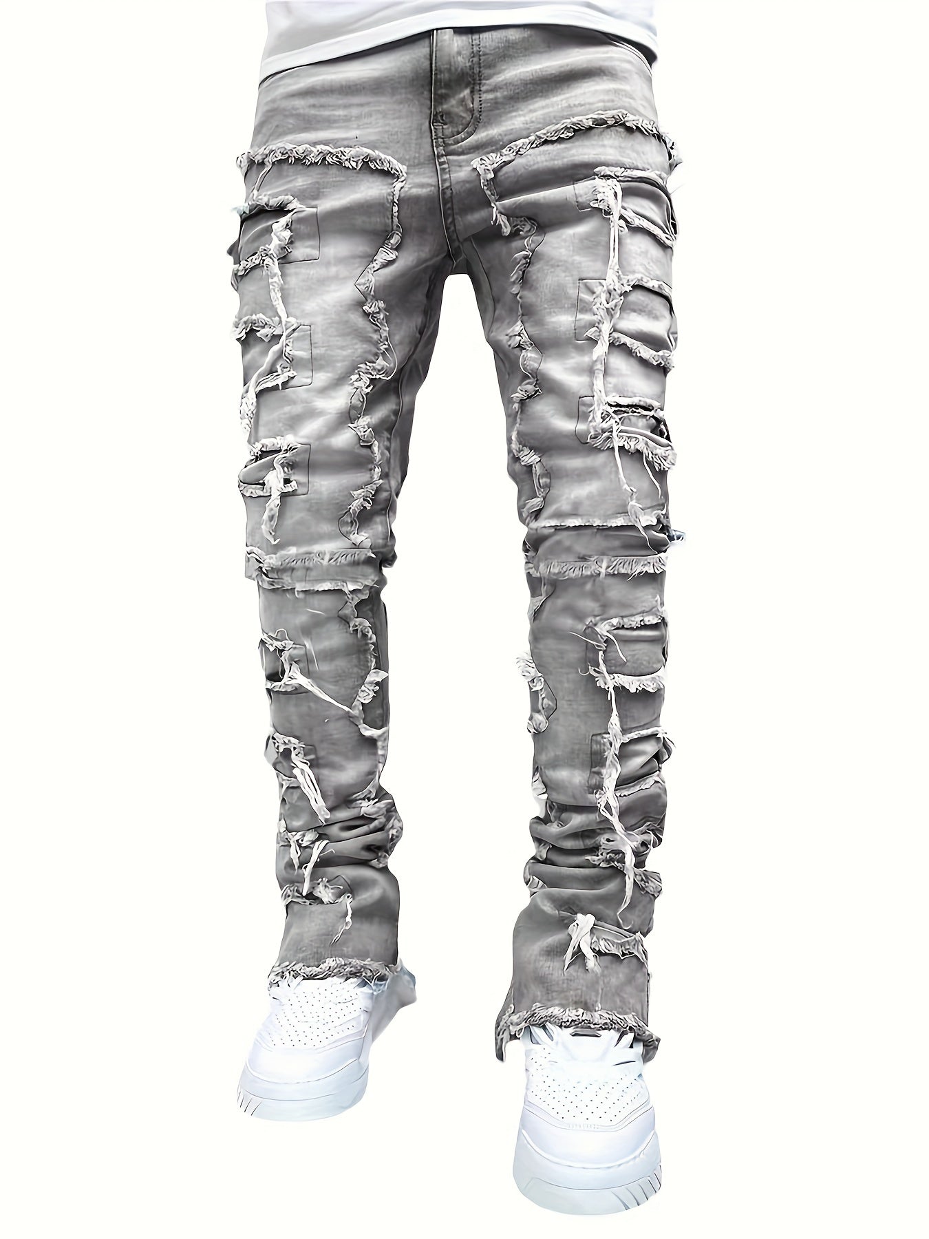 Men's Slim-Fit Straight-Leg Distressed Jeans with Tassel Details - Y2K Streetwear Hip-Hop Skateboard Style Stretch Denim, Machine-Washable All-Season Casual Pants, Casual Wear | Y2K Fashion | Faded Jeans