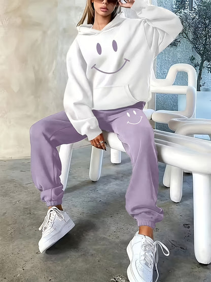 Women'S Letter Printed Hooded Sweatshirt and Sweatpants | American Casual Loose, Fleece-lined, Fall/Winter, Pocket Details, WCQ Brand