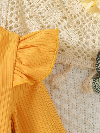 Adorable Bee Print Knee-Length Dress for Girls with Ruffled Long Sleeves & Cute Bow Detail - Soft Polyester Knit Fabric, Perfect for Fall/Spring, Flower Girl Dress