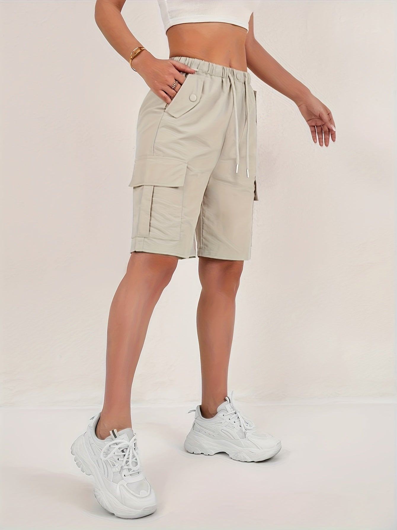 [Quick-Dry Cargo Shorts] 2pcs Women's Lightweight Quick-Dry Cargo Shorts - Loose Fit, Multi-Pocket Design, Mid-Thigh Length, Casual Wear For Spring/Summer/Fall, Machine Washable, Beige, Outdoor | Relaxed Fit Shorts | Shorts