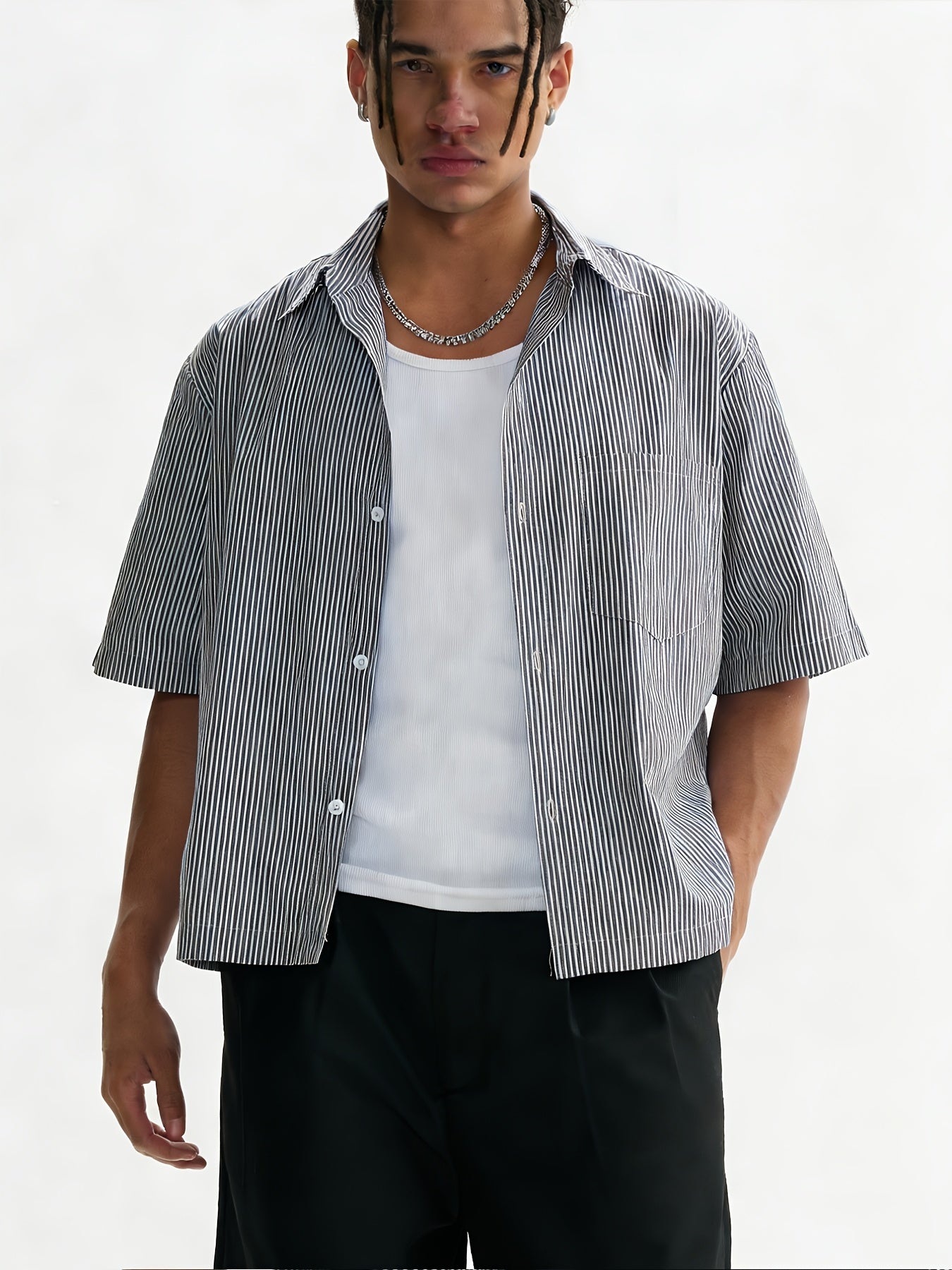Unisex Casual Striped Shirt - Oversized, Loose Fit, Short Sleeve with Chest Patch Pocket | Lightweight Polyester Fabric | Perfect for Everyday, Beach, Party & Streetwear | Casual Attire | Chic Casual Style | Nontransparent Fabric