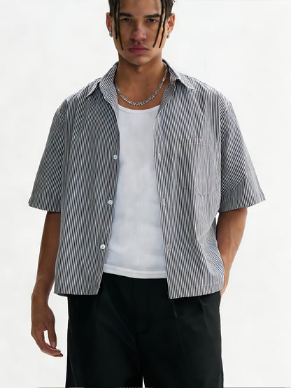 Unisex Casual Striped Shirt - Oversized, Loose Fit, Short Sleeve with Chest Patch Pocket | Lightweight Polyester Fabric | Perfect for Everyday, Beach, Party & Streetwear | Casual Attire | Chic Casual Style | Nontransparent Fabric