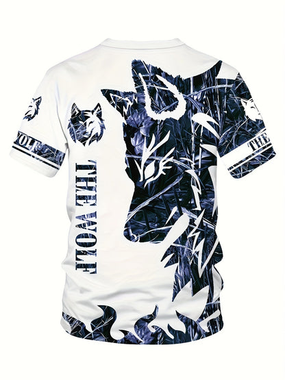 Summer Men's wolf pattern casual round neck short-sleeved T-shirt and shorts 2pcs set, suitable for outdoor activities