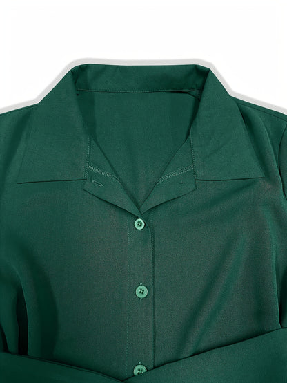 Elegant Women'S Long Sleeve Wrap Belted Shirt Dress - Green Solid Color For Spring, Autumn, And Summer Business Casuas