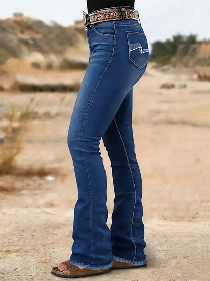 High-Waisted Bell-Bottom Jeans with a Black Irregular Pattern Embroidery on The Back Pocket, Featuring a Heavy Industry Contrast Color Wash, Cat Beard Design, And a Mature Retro Style Suitable for All Seasons