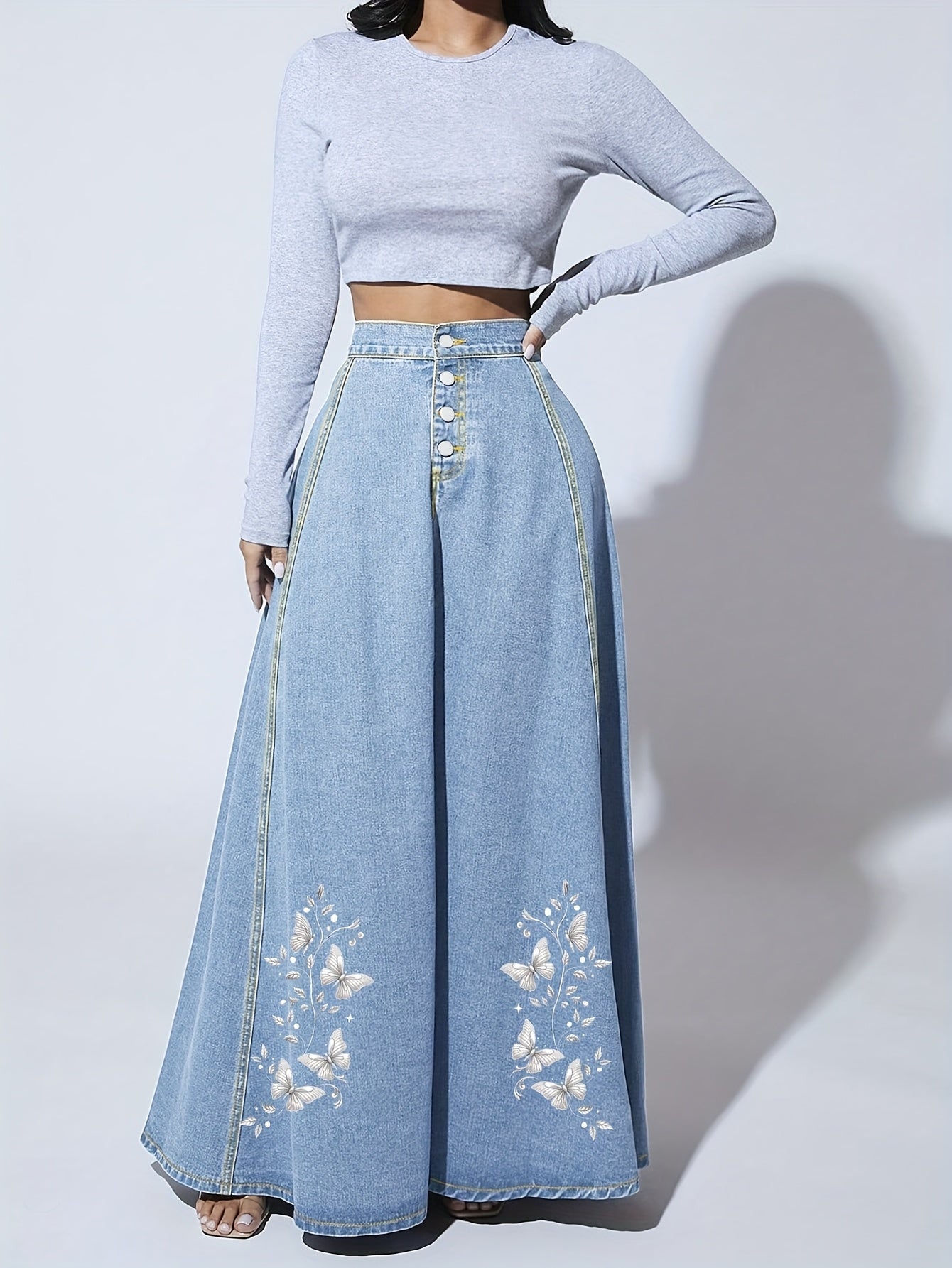 Women's Light Blue Denim Floral Skirt - product view 8