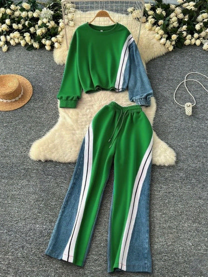 GlOURI Women's 2pcs Tracksuit - Color Block Design & Contrast Side Stripe & Wide-Leg Pants Detail | Casual Trendy Fit for Urban Daily Wear (Slim-Cropped Silhouette & Bold Contrast Stripe Design) for Effortlessly Stylish Looks