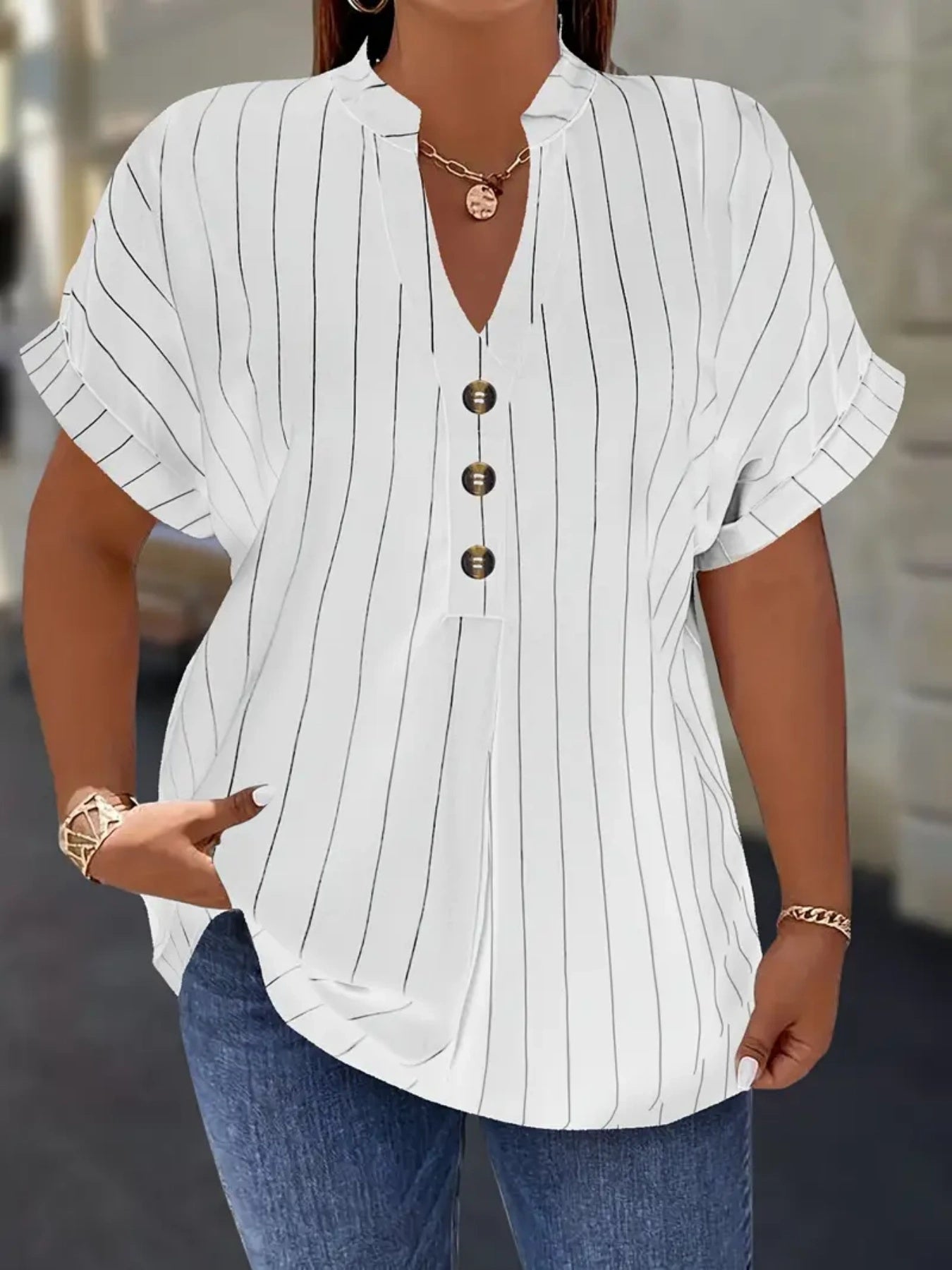 Plus Size, Striped Notch V-Neck Shirt with Faux Buttons Short Sleeve Simple and Plus-Size for Women Casual Top