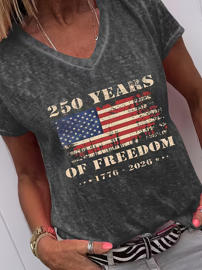 American Retro-style Independence Day-themed Flag Print V-neck T-shirt, Made of Comfortable and Soft Fabric with a and Versatile Design, Showcasing the Spirit of Freedom and Fashion Individuality, Perfect for Home Wear, Going Out, or as a Gi