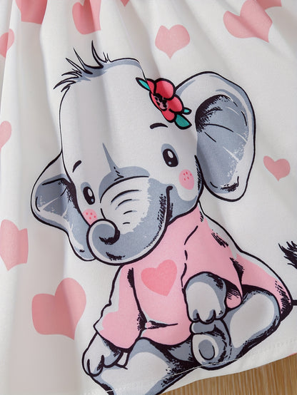 Baby's Cartoon Elephant & Heart Pattern Cami Dress Set, Lovely Bowknot Decor Sleeveless Dress & Headband, Infant & Toddler Girl's Clothing for Summer/Spring, As Gift
