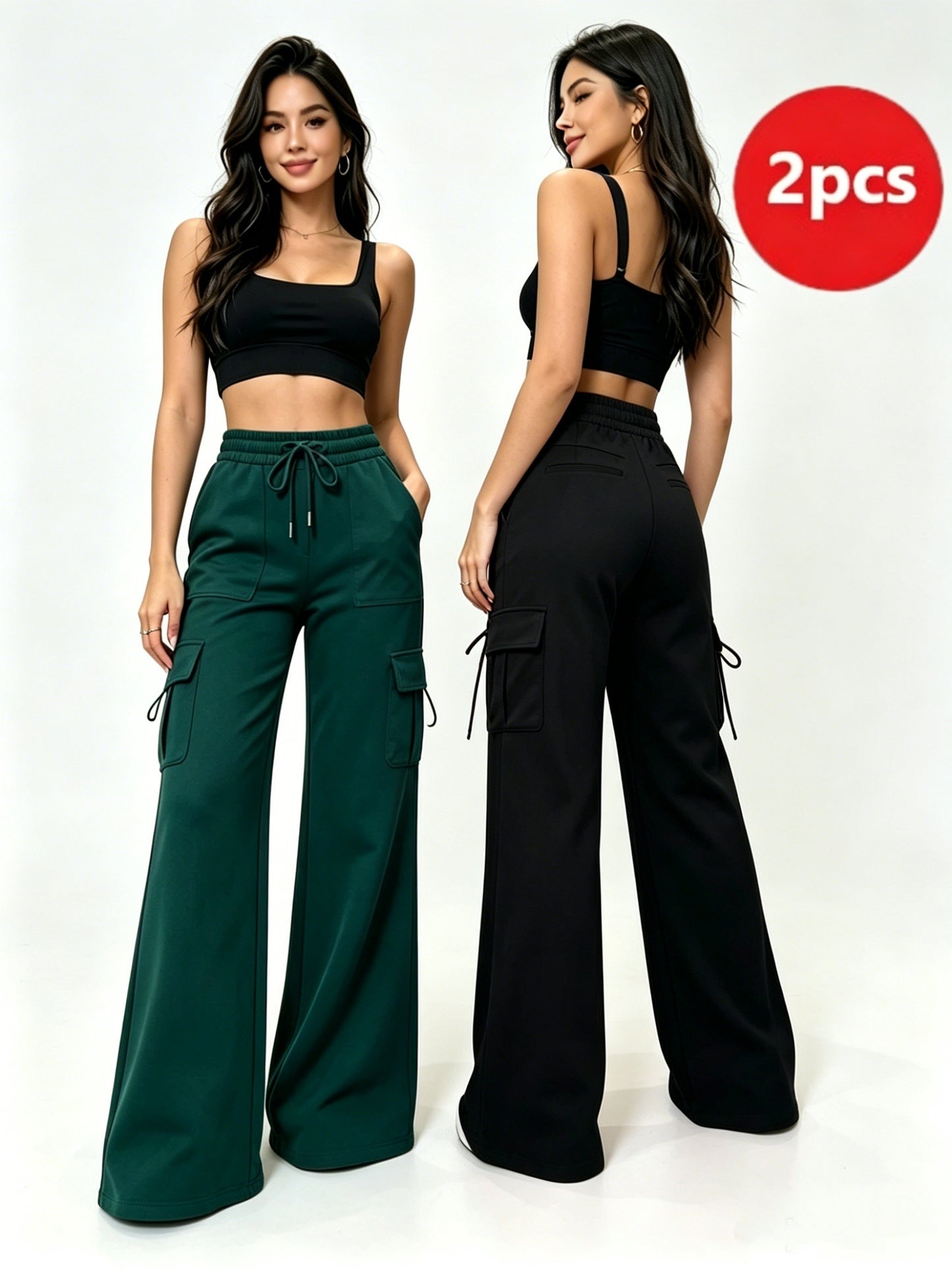 Women'S Solid Color Casual Drawstring Wide-Leg Sweatpants With Pockets, Elastic Waist Micro Flare Cargo Pants, Stretchy Pants For Daily Casual & Wear