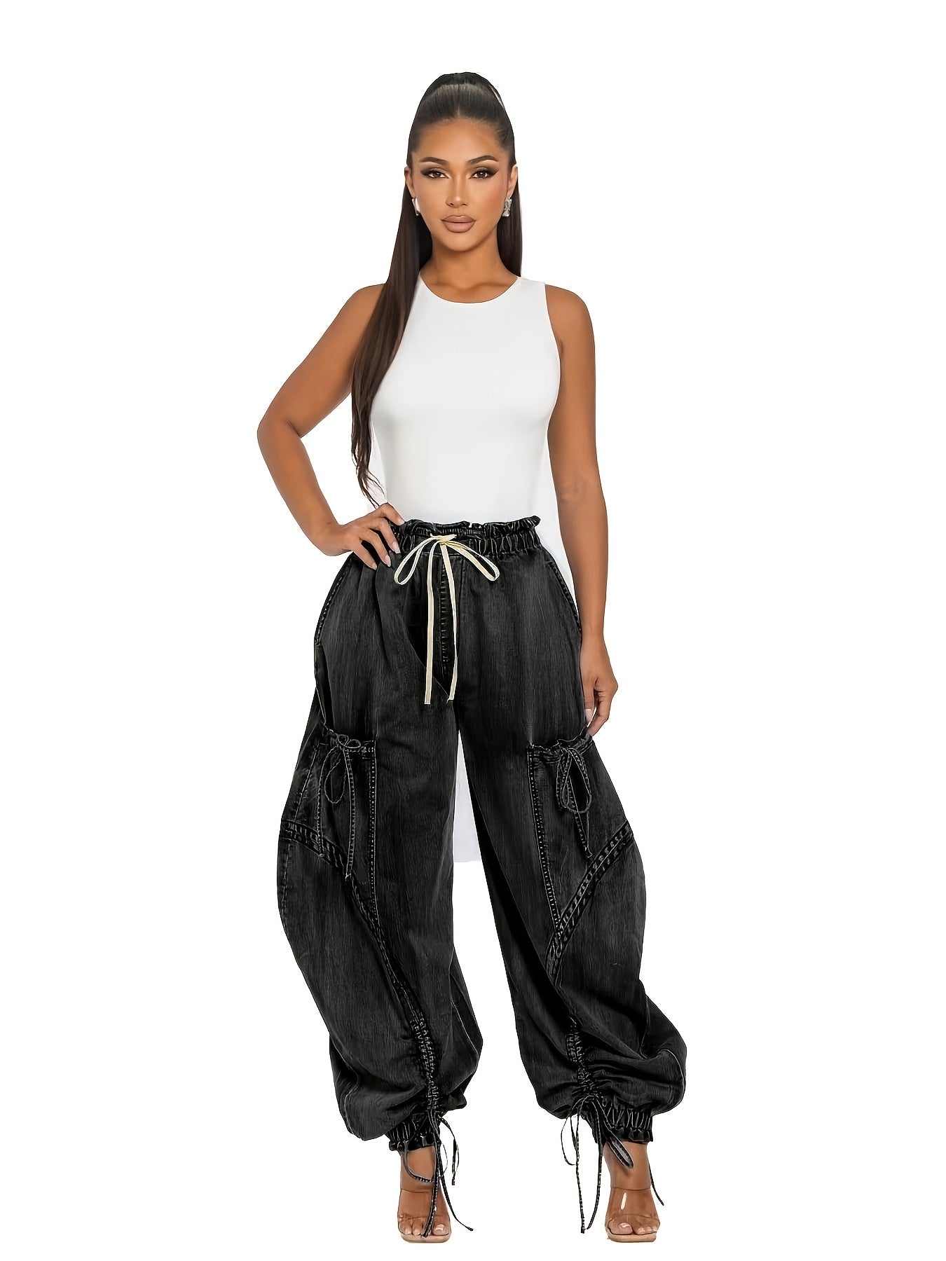 Women's Loose Jeans Women's Fashion Drawstring Lace-up Elastic Waist Jeans, Suitable for Daily Wear, All-season Casual Street Clothes,