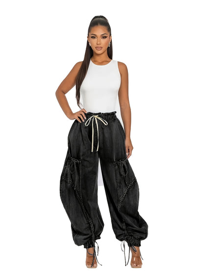Women's Loose Jeans Women's Fashion Drawstring Lace-up Elastic Waist Jeans, Suitable for Daily Wear, All-season Casual Street Clothes,