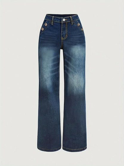 Women's Casual Waist Straight Jeans, Classic Street Style Baggy Jeans
